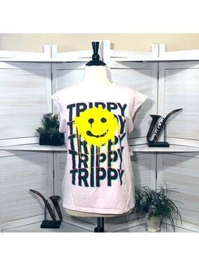 Vintage Y2K tank top Upcycled cutout smiley trippy pink cotton grunge Alt 90s XL